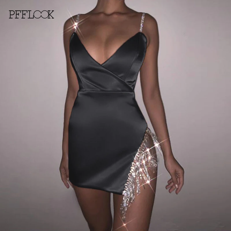Beste Pfflook Zomer Sexy Kwastje Diamond Party Jurk Vrouwen Satijnen Jurk Elegante Off Shoulder Backless Bodycon Jurken Mini Vestidos