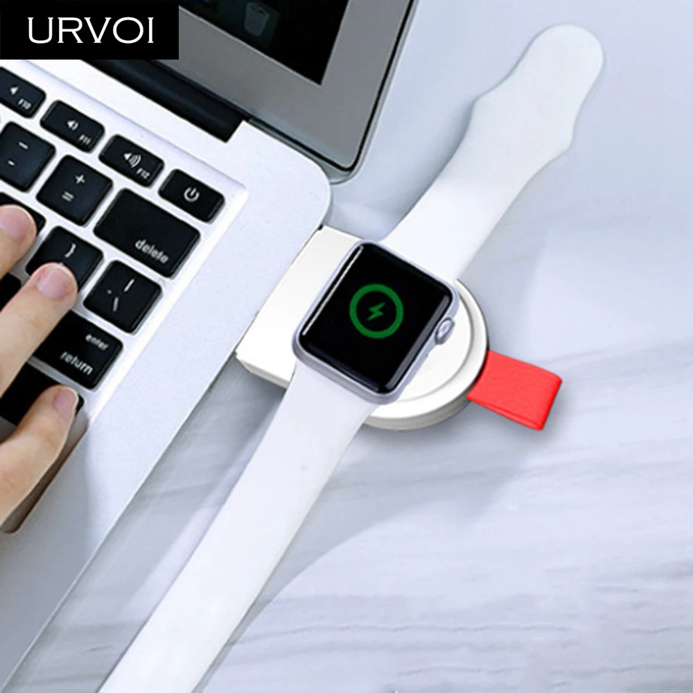 URVOI Ladegerät für Apple Uhr serie 5 4 3 2 1 Tragbare Drahtlose halter lade handliche Magnetische stand 2w eingang USB stecker reparatur