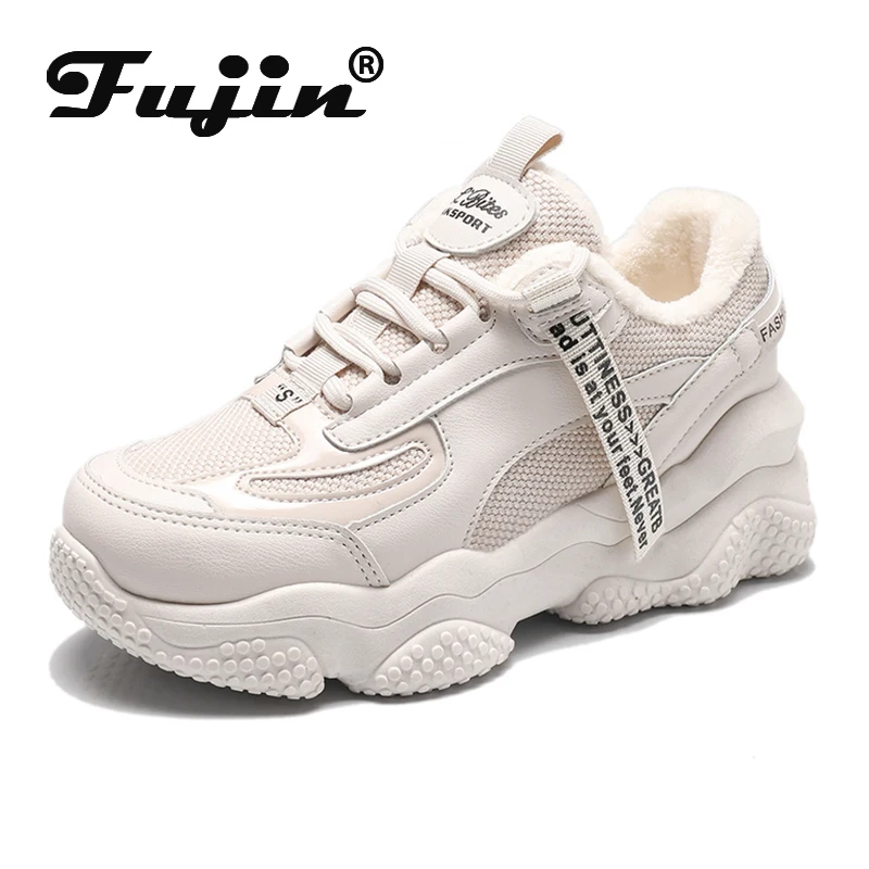 Женские кроссовки на платформе Fujin зимние теплые меху с вулканизированной