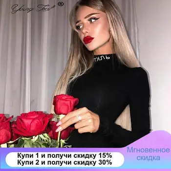 

Cotton Turtleneck Letter Print Bodysuits Women 2020 Spring Long Sleeve Sexy Playsuits Black Skinny Tops Female Club Casual Tops