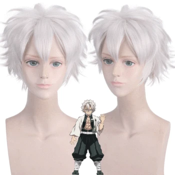 

28Cm Length Silver Color Cosplay Wig Anime Demon Slayer: Kimetsu no Yaiba Shinazugawa Sanemi Wig Short Hair Explosive Hairstyle