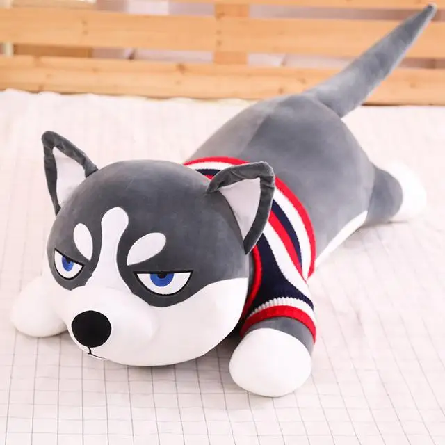 New Lovely Funny Dressed Husky Stuffed Doll Stripe Sweater Soft Husky Lying Plush Toy Grey/Black Dog Animals Kids Birthday Gift - Цвет: 3