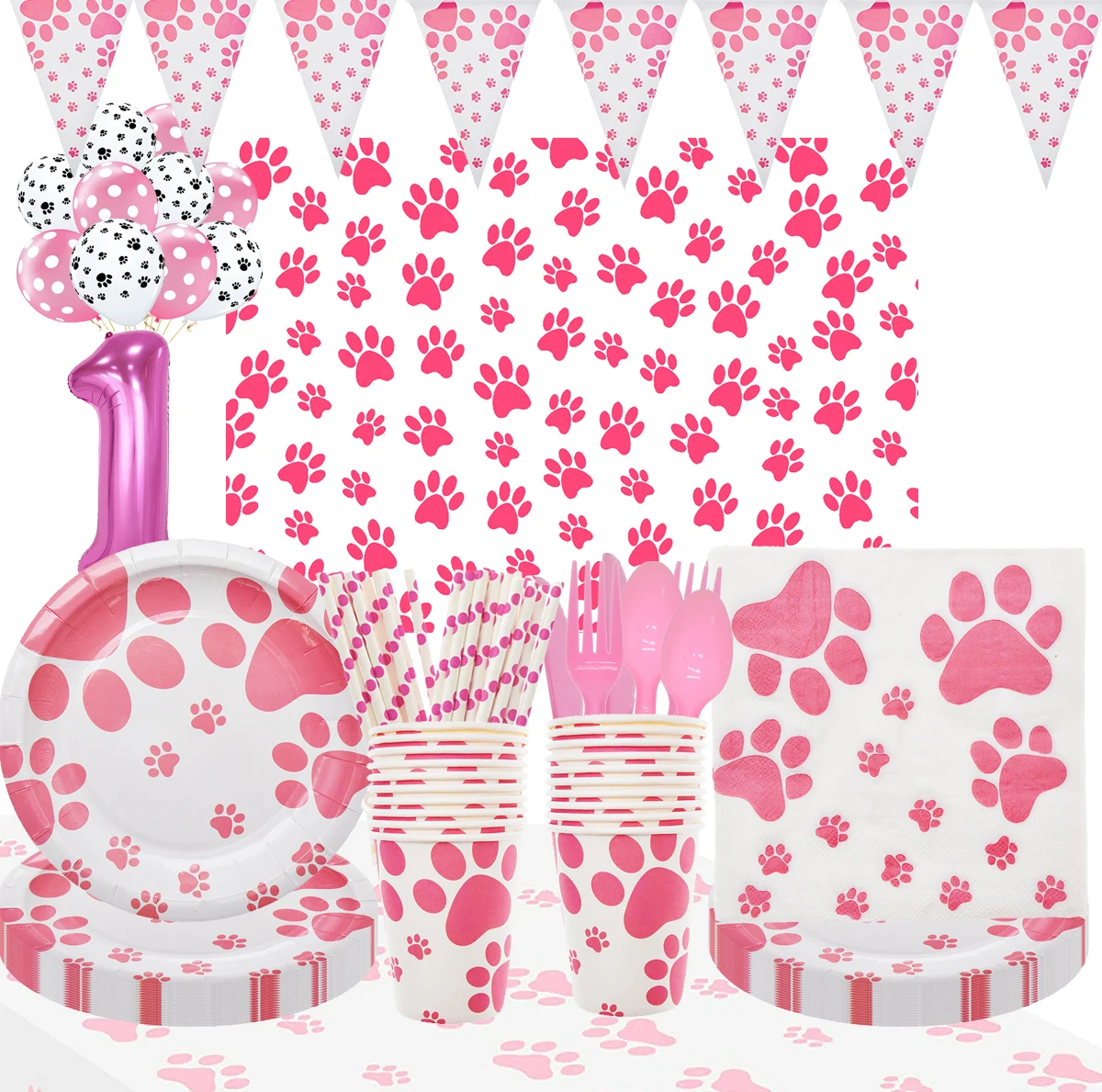 

Pink Dog Paw Prints Party Supplies Disposable Tableware with Dog Paw Prints Number Balloon Backgroup for Dog Birthday Baby Showe
