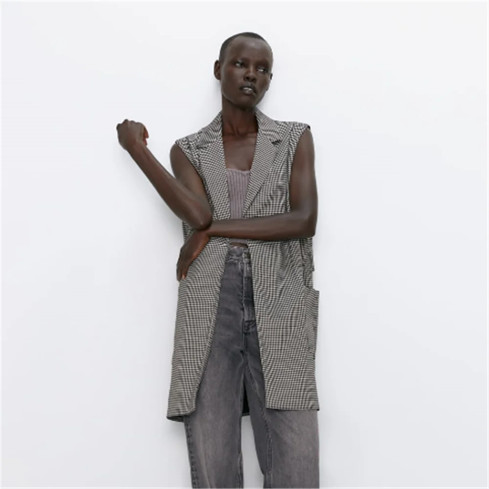 2020 ZA Spring New Women Vest Fashion Houndstooth Boho Women's Lapel Sleeveless Party Gift Wholesale | Женская одежда