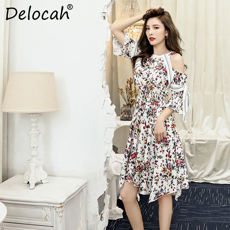 

Delocah New Runway Fashion Autumn Dress Women's Halter Collar Ruffles Floral Printed Elastic Waist Elegant Vintage Midi Dresses