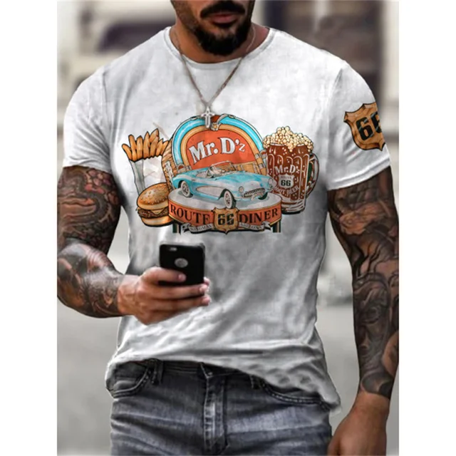 Summer New Mens T Shirts Oversized Loose Clothes Vintage Short Sleeve Fashion America Route 66 Letters Printed O Collared Tshirt 1688-P-0110