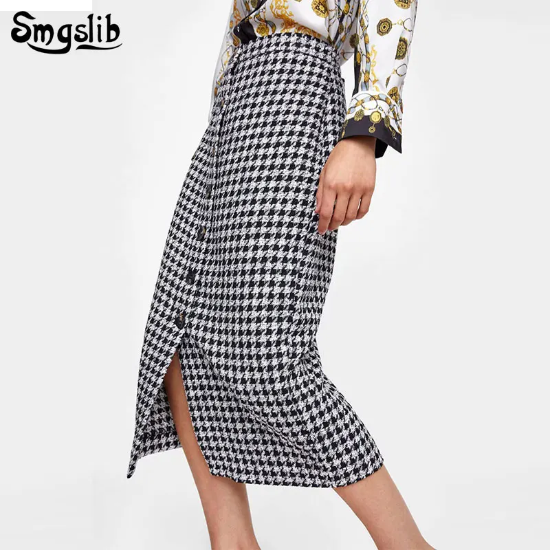 

Casual Basic Fashion All Match Plaid Vintage Black-and-white lattice button High Waist Wind 2018 New Fashion Female Women Skirts