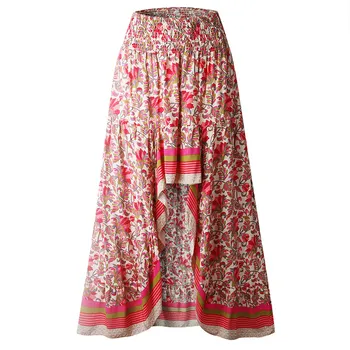 

Boho Print Irregular Pleated Women Maxi Skirts Holiday Elastic Waist Female Skirt 2020 Summer Elegant Loose Beach Ladies Bottoms