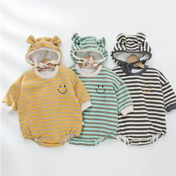 

Winter Thicken Warm Baby Clothing Toddler Boys And Girls Classic Stripe Casual Bodysuit Outfits Baby Long Sleeve Jumpsuit Hat