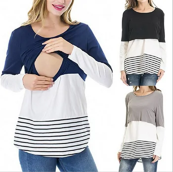 

New Fashion Maternity Breastfeeding T-shirt Clothes Nursing Top Striped Women T-Shirt Long Sleeve Convenience O-Neck