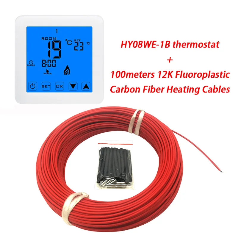 100 м 12 к фторопласт с термостатом может быть отправлен из России Красный Инфракрасный углеродный волоконный теплый пол нагревательный кабель Minco Heat - Цвет: 100m and HY08WE-1B