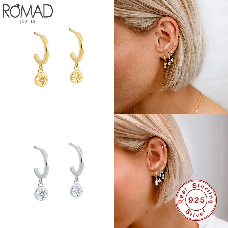 

Romad 925 Sterling Silver Stud Earrings kolczyki Astrolabe Star C Shape Earring For Women Fine Jewelry oorbellen voor vrouwen W4