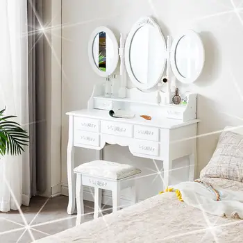 

European Dressing Table With Stool Triple Folding Mirror 7 Drawers Beauty Lady Makeup Dressers Bedroom Furniture Dresser HWC