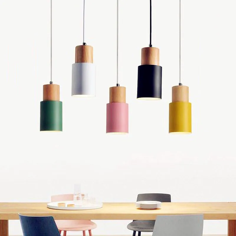 

Postmodern design Wood LED Pendant Lamp Colorful Aluminum fixture AC90-260V E27 Pendant Lights for Living Room Dining Room Bar