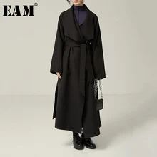 [EAM] свободное Черное короткое длинное шерстяное пальто большого размера, парка, новинка, длинный рукав, женская мода, Осень-зима, 1N128