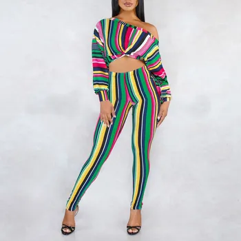 

Womens Fashion Striped Print 2 Piece Sets Summer Long Puff Sleeve Crop Top Bodycon Pants Suit Casual Outfits