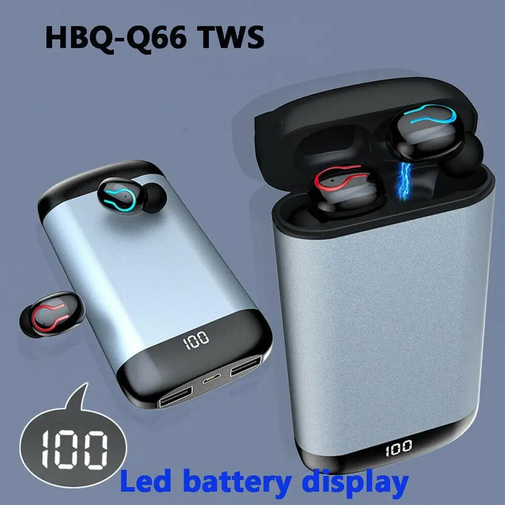 Q66 беспроводные V5.0 Bluetooth наушники HD стерео наушники спортивная водонепроницаемая гарнитура с двойным микрофоном и 6000 мАч чехол для зарядки аккумулятора