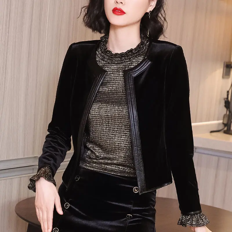 Black Velvet Small Short Style Jacket Women 2022 Spring New Long-sleeved Cardigan Top O Neck Solid