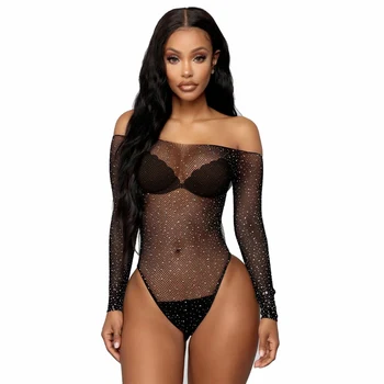 

Sexy Fishnet Underwear Crystal Transparent Bodysuit Lenceria Erotica Mujer Sexi Long Sleeve Teddy Lingerie Erotic Costumes
