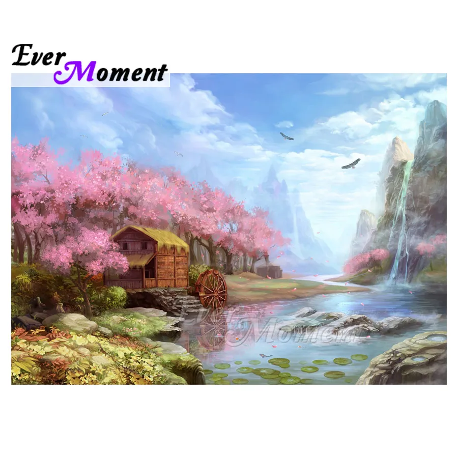 

Ever Moment Diamond Painting Home Picture Of Rhinestone Pink Flower River Full Square Drill Diamond Embroidery Mosaic ASF1764