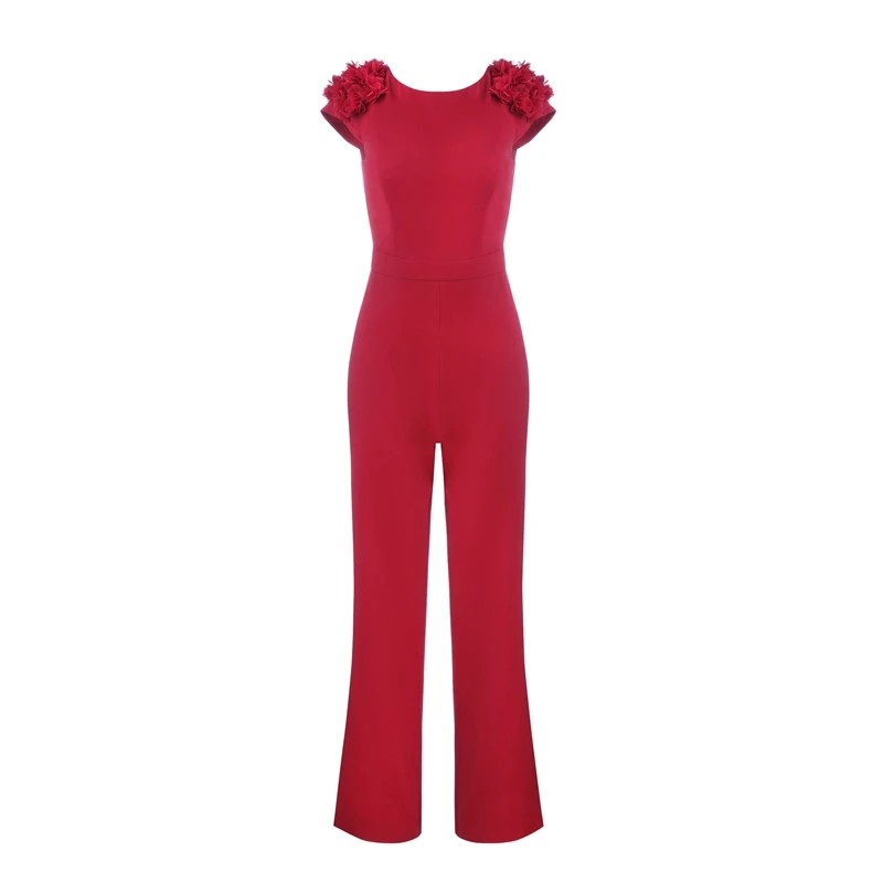 Fashion Wine Red Short Sleeve Polyester Jumpsuit Backless Sexy Women Celebrity Flower Evening Party Jumpsuits