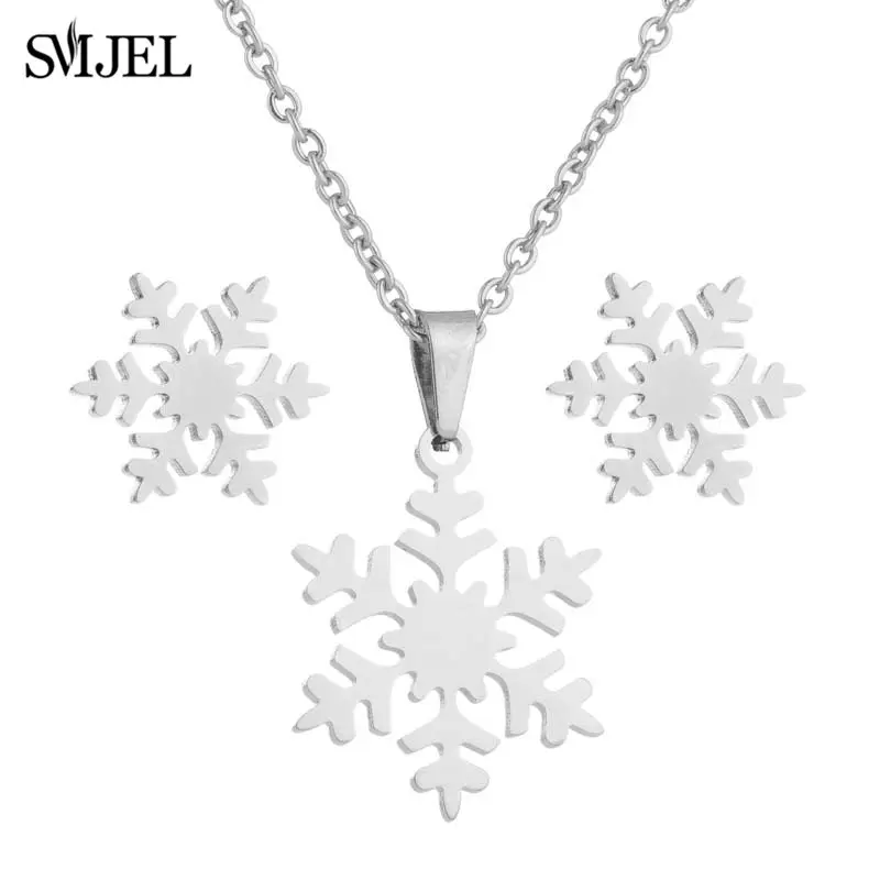 Smjel Stainless Steel Sets For Women Snowflake Butterfly Fish Bone Chain Necklace Stud Earrings Jewelry Set New Year Gift