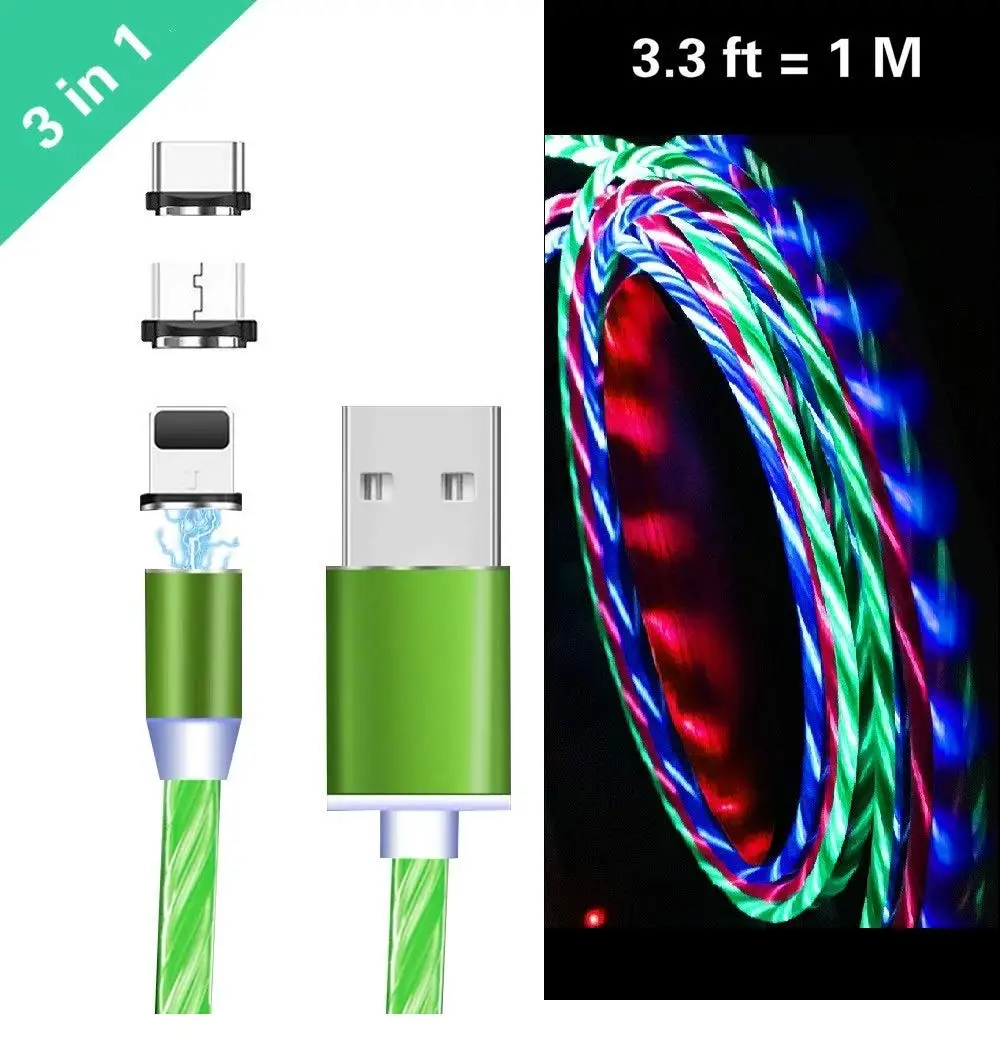 

Fanshu 3 in 1 Magnetic USB Cable High Speed USB to Micro Type C IOS Charger Cable Flowing LED Light for iphone Lightning Cable