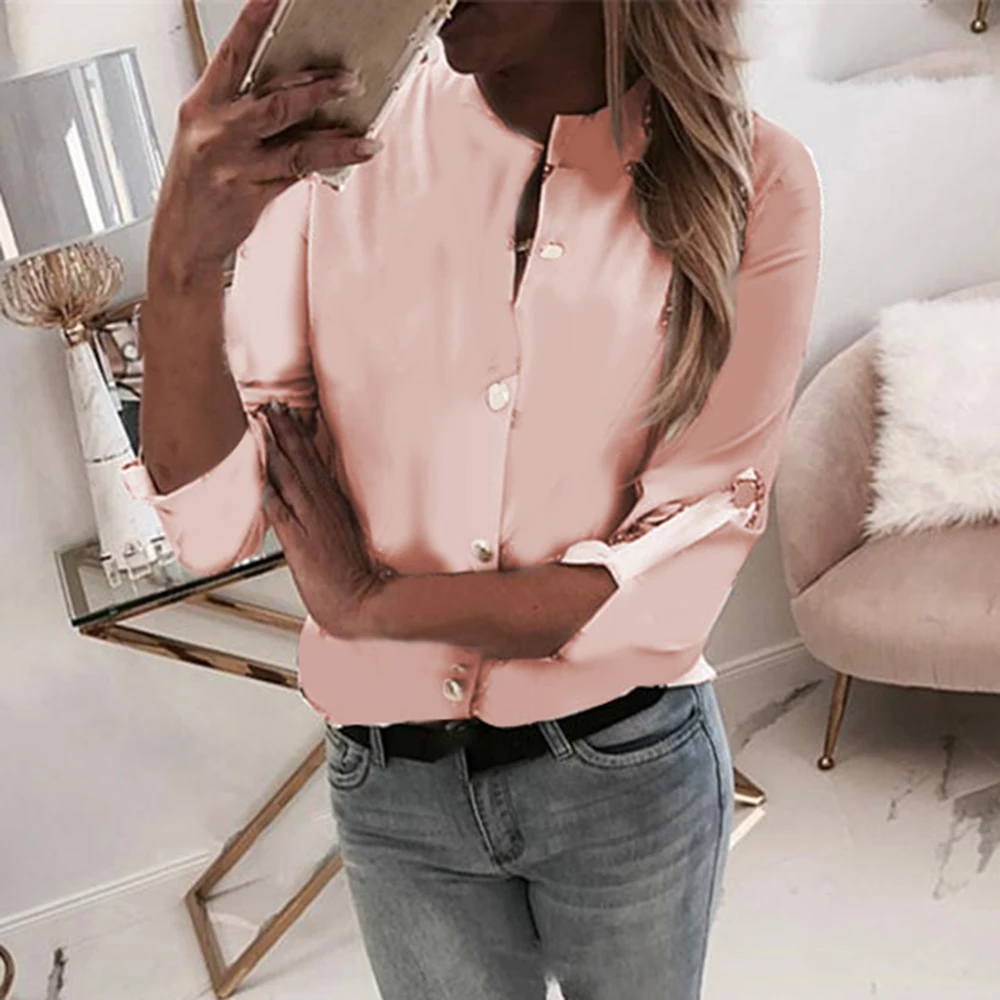 

NIBESSER Women Button Long Sleeve Shirt Blouses Casual Solid Color Workwear Office Ladies Shirts Women O neck Autumn Tops 2019