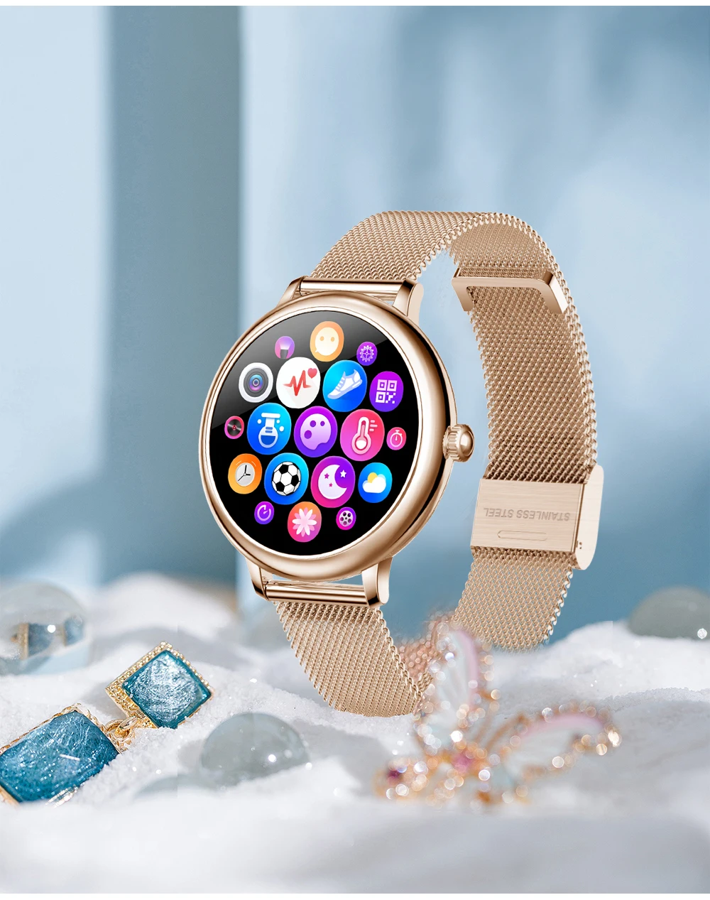 Gadgend 2023 luxury rosegold smart watch women full touch heart rate blood pressure monitor female smartwatch for ios android