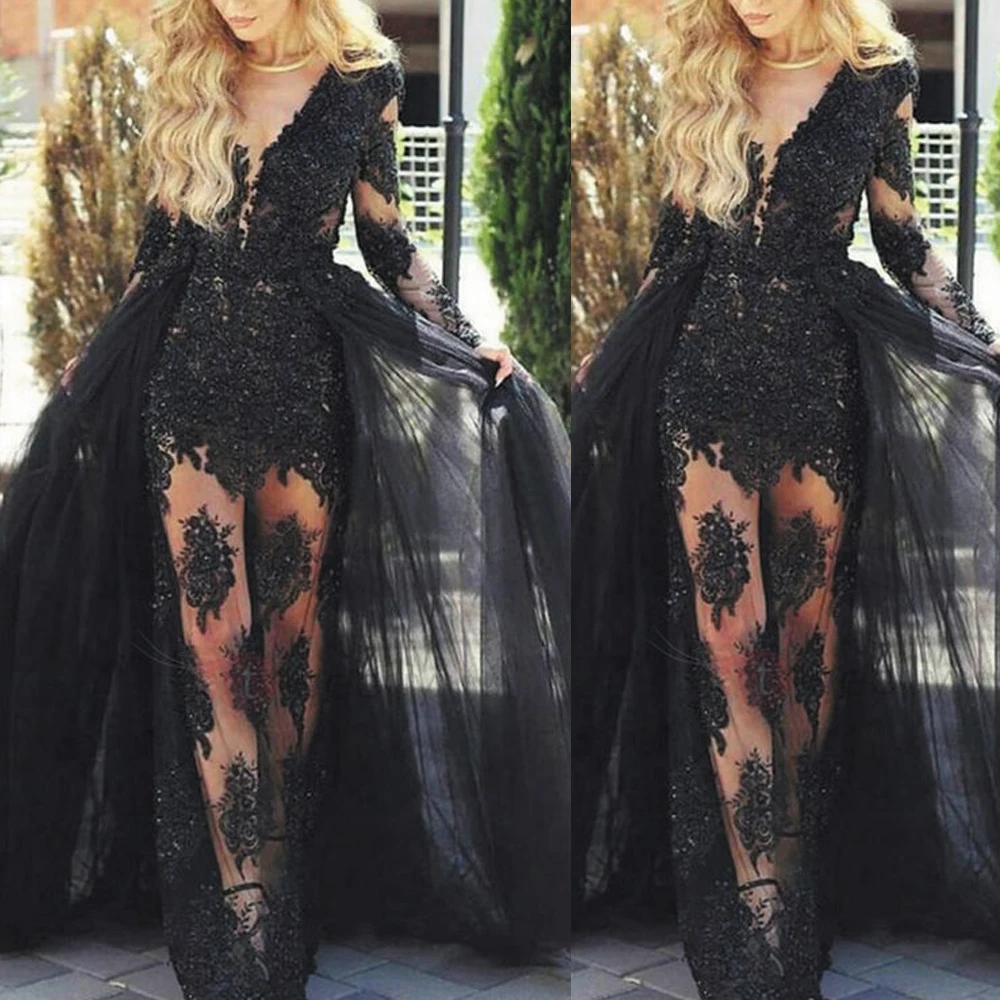 

SuperKimJo Съемная юбка, черные Выпускные платья 2021 кружева аппликация бисером скромное сексуальное элегантное выпускное платье 2020