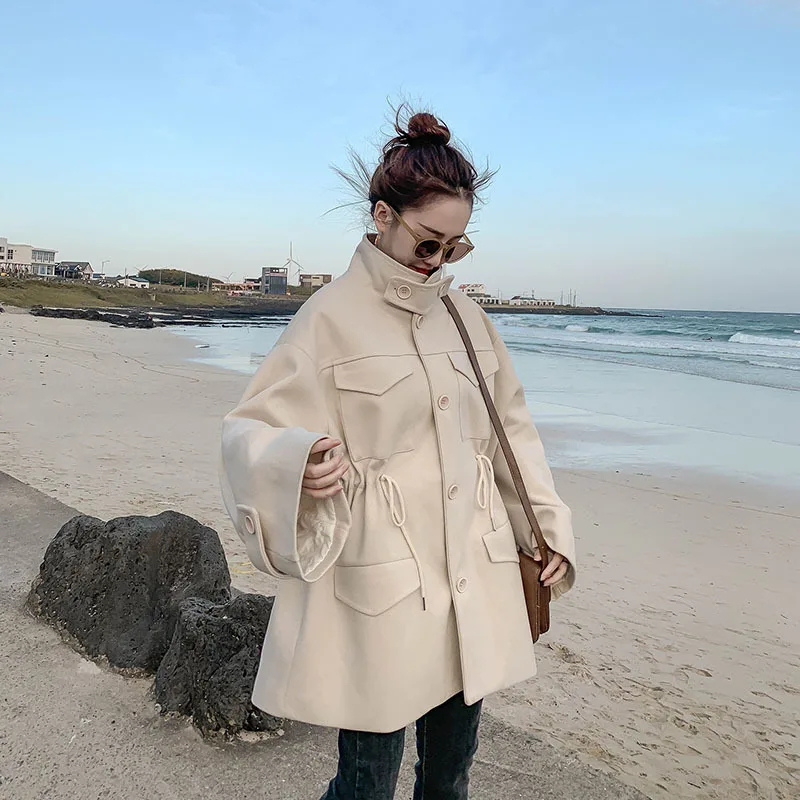 

Photo Shoot Short-height Waist Hugging Woolen Jacket Women's 2019 Autumn And Winter New Style Herringbone Mid-length Students Wo