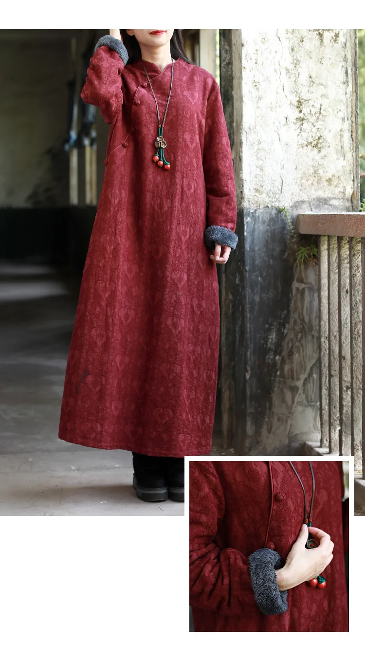 LZJN Chinese Dress Women 2019 Autumn Winter Long Sleeve Cheongsam Qipao Jacquard Fleece Lined Warm Thick Dress Robe Vestidos (10)