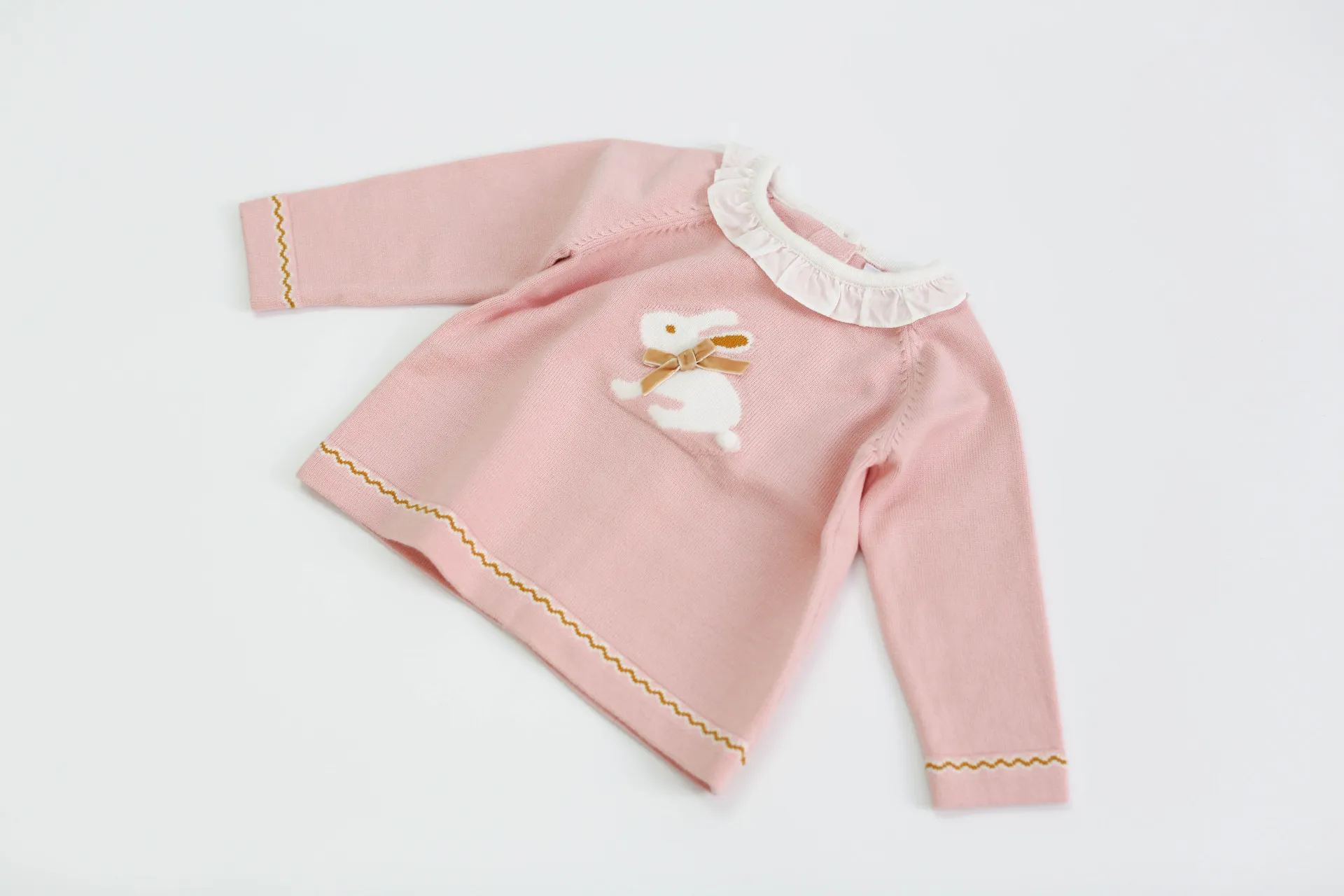 Новые осенние детские свитера; в стиле милой принцессы свитер с кроличьими ушами, воротником и кружевом в виде цветов для маленьких мальчиков и девочек, вязаные топы, модная одежда для малышей - Цвет: Розовый