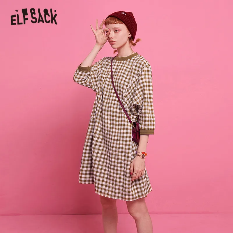 ELFSACK, клетчатое Повседневное платье трапециевидной формы для женщин, осень, модное джинсовое прямое офисное женское платье с воланами и рукавами