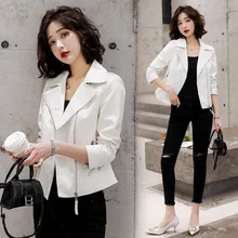 White Suit Collar Regular Zipper Leather Clothes Fashion Trendy Sliming Fit Chic Korean Locomotive Style Spring Autumn 2021 New