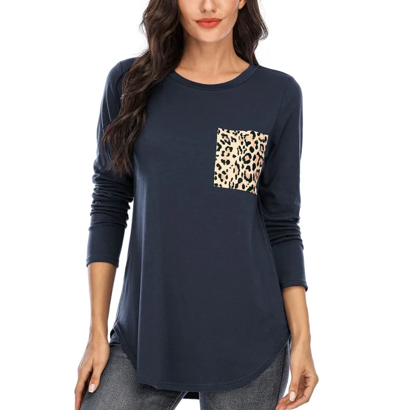 

Leopard Print Decorative Loose Casual Tops Female T Shirt Women Long Sleeve T Shirts
