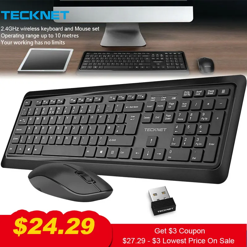 

TeckNet 2.4Ghz Wireless Keyboard Mouse Set Combo Ergonomic 107 Keys Keyboard Quiet 1600DPI Mouse Kit UK Layout for PC Laptop