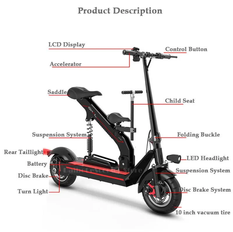 Daibot Portable Electric Scooter Two Wheels Electric Scooters Brushless Motor 500W 36V Adult Child Kick Scooter With Two Seat  (4)