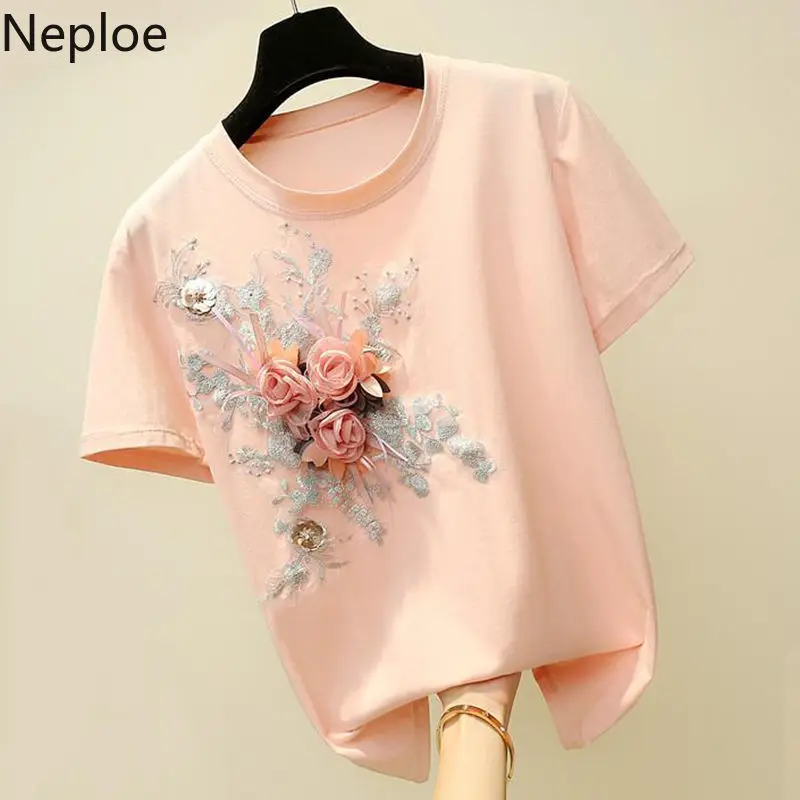 Neploe Plus Size T Shirt for Women Korean Fashion Embroidery Lace Flower Femme Shirt Tops O Neck Student Loose Casual Tee Tshirt