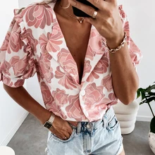 

Women Floral Print Lantern Sleeve Ruffles Casual Button Tops Summer V-Neck T-Shirts Office Female Elegant Clothing 2021 Popular
