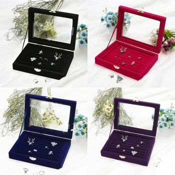 

Ring Earrings Jewelry Organizer Box Display Storage Velvet Jewelry Case Casket Glass Cover Jewelry Organizer Holder Rack for Gif