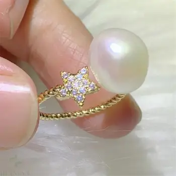 

White Baroque Pearl 18K Open Ring Adjustable Wedding Elegant Jewelry Flawless Natural Cultured Hand-made Teardrop Gift