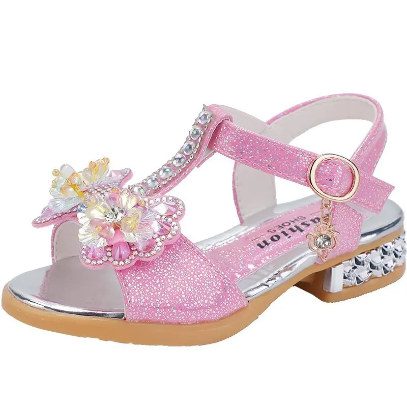 2021 Princess Summer Children's Sandals Kid Girls Cute Beach Sandals Bowknot Slippers Glitter Shoes Flower Squre Heels Shoes 2021 kids shoes winter indoor non slip cute rabbit cotton home slippers baby girls slippers funny slippers girls home shoes