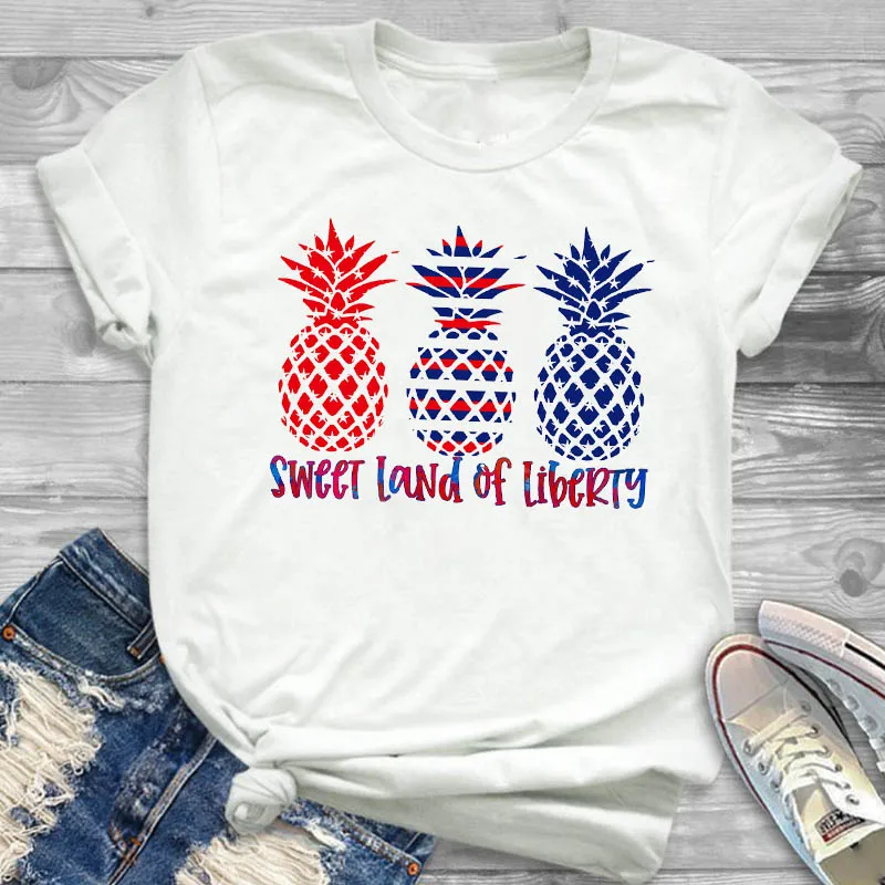 

Women Shirt Pineapple Star American Flag Patriot Ladies Female Clothing T Womens Clothes T-shirt Graphic Printed Top Tshirt
