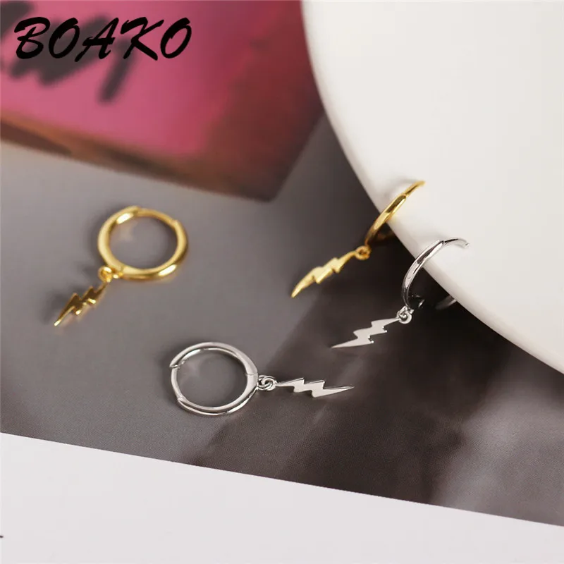 

BOAKO Personality Lightning Pendant Small Hoop Earrings Oorbellen Women Earring Real 925 Sterling Silver Earring Fashion Jewelry