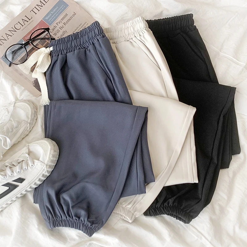 

Autumn sporty wind elastic high waist lace up loose comfortable straight trousers