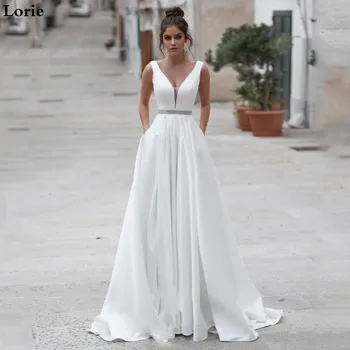 

Lorie Satin Wedding Dresses V Neck Bride Dresses Buttons Vestido de novia Boho Elegant Wedding Gown For Women Custom Made