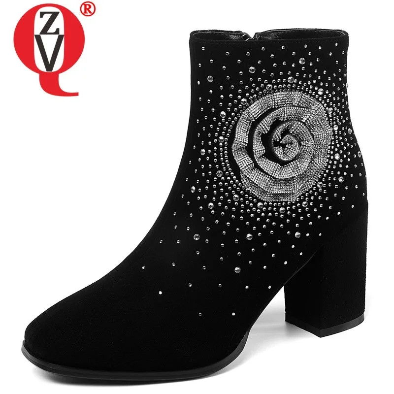 

ZVQ winter new fashion ankle boots outside super high heels square toe kid suede crystal zip plus size women shoes drop shipping