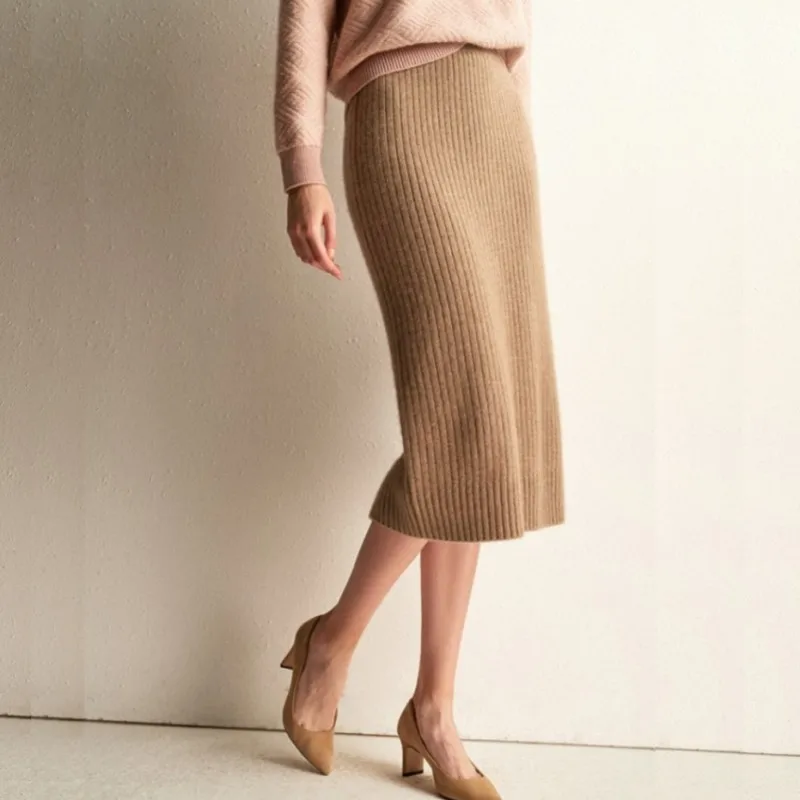 Высококлассная модная женская юбка средней длины, одноцветная вязаная длинная сумка, сексуальная кашемировая юбка FRSEUCAG, новая осенняя и зимняя