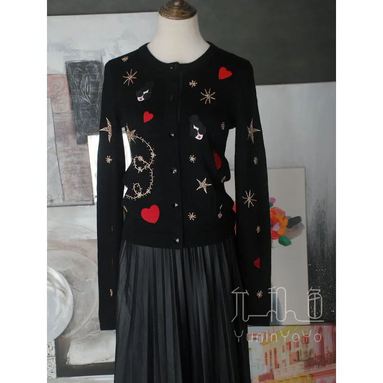 YUNINYOYO Lovly embroidery with heart sunglasses red lips dolls heavy hand-made beads star snowflakes 100% wool women cardigan YUNINYOYO Lovly embroidery with heart sunglasses red lips dolls heavy hand-made beads star snowflakes 100% wool women cardigan